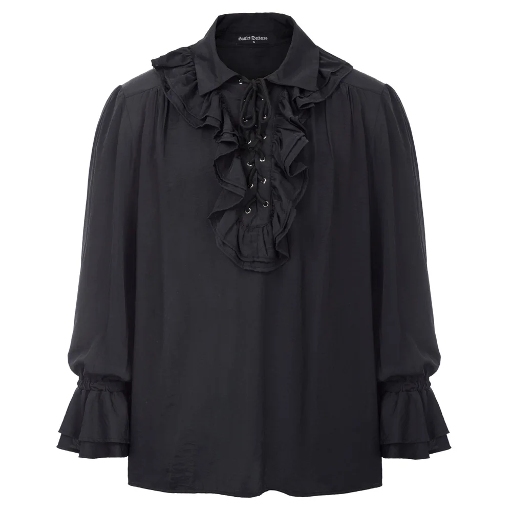 Beste Mannen Middeleeuwse Lange Mouwen Revers Kraag shirt vintage retro party victoriaanse gothic Ruche Versierd Lace Up Shirt mannen Tops ivoor