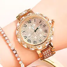 Женские часы с яркими украшениями Bling Роскошные Алмазные Аналоговые кварцевые наручные часы из нержавеющей стали женские золотые римские цифры часы Reloj Mujer