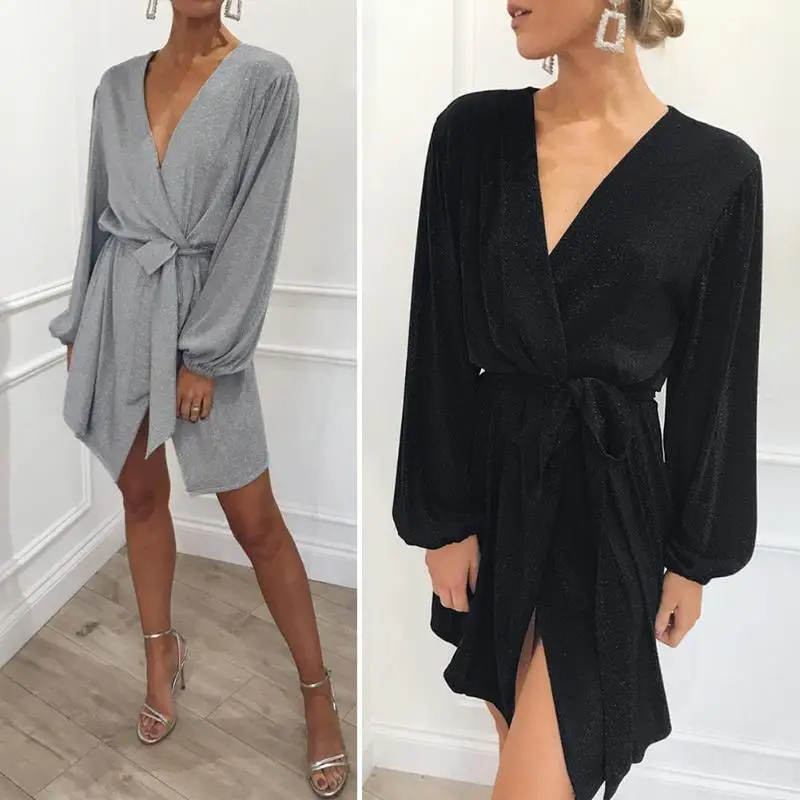 

Summer Women Sexy V-Neck Tunic Dresses with Belt Irregular Hem Stars Fashion Clothing Sexy Silver & Black Color Dresses