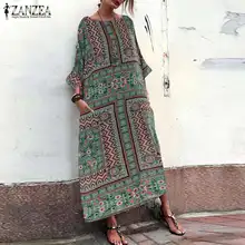 Летний сарафан, женское длинное макси платье, ZANZEA, женские платья с длинным рукавом, винтажное богемное Платье с принтом, женское платье в полоску