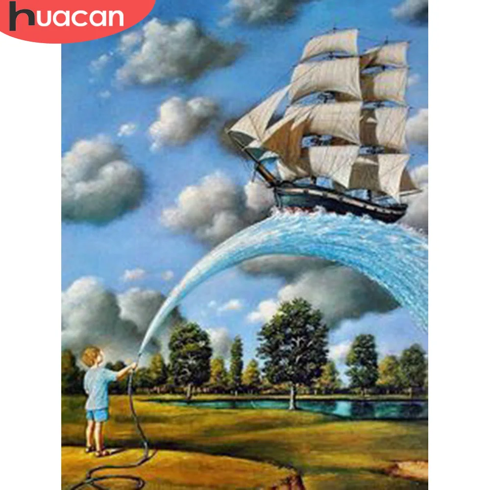 

HUACAN 5D Diamond Painting Full Display Sailboat Diamond Embroidery Full Square Cross Stitch Rhinestones Decor Home Gift