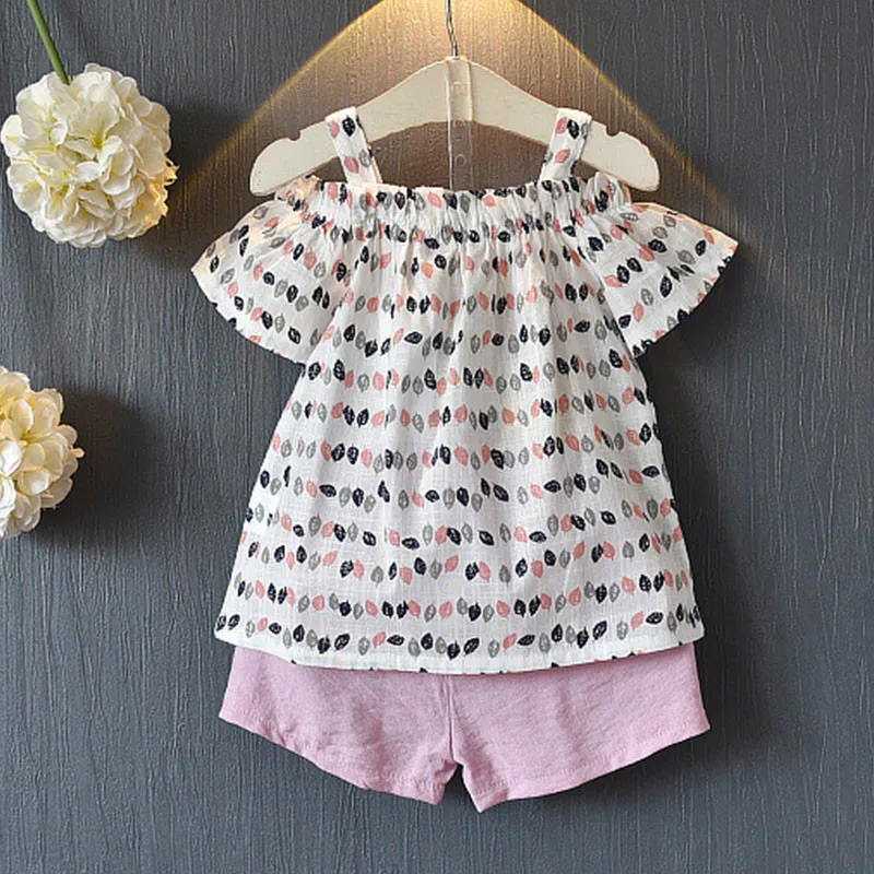 Summer Baby  Girls Set Leaf Print Sling Bare Shoulder  Leaf Short Sleeve + Solid Color Casual Shorts 2 Pcs Kids Clothing