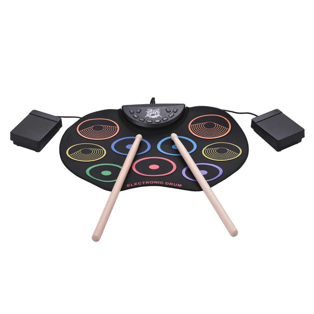 

Compact Size Roll-Up Drum Set Electronic Drum Kit 9 Silicon Drum Pads USB/Battery Powered with Drumsticks Foot Pedals for Kids