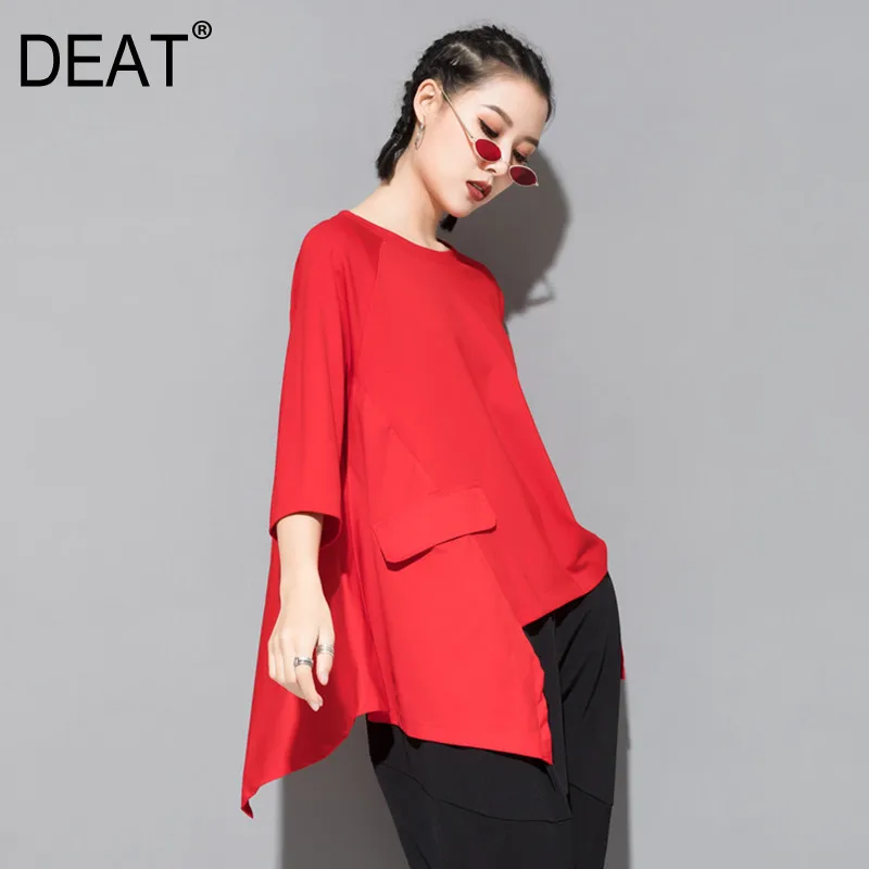 

[DEAT] 2019 New Autumn Winter Round Neck Three Quarter Sleeve Red Irregular Hem Stitch Big Size T-shirt Women Fashion Tide JT15