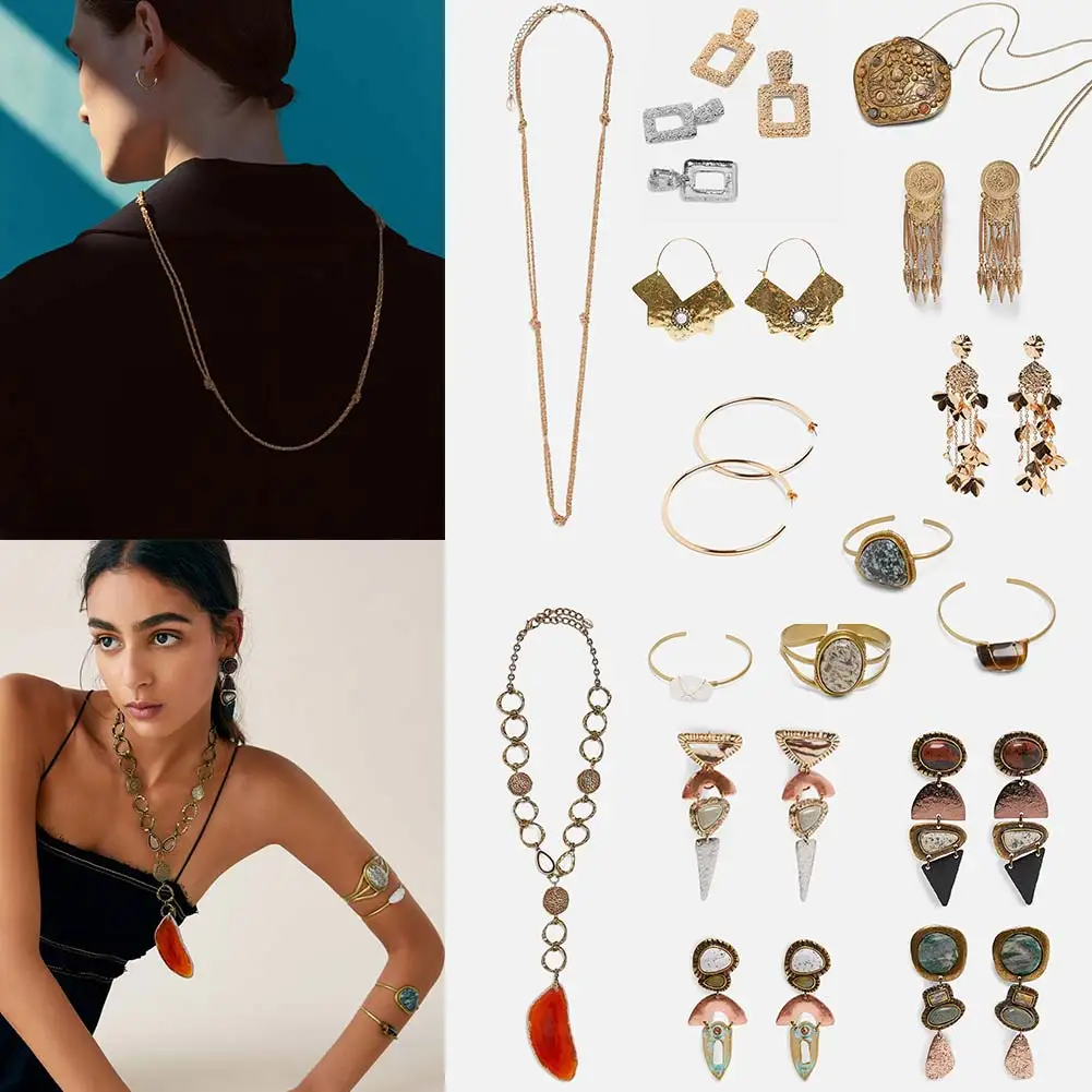 

Flatfoosie ZA New Metal Big Dangle Earrings For Women Vintage Stone Beads Geometric Statement Drop Earring Ethnic Punk Jewelry