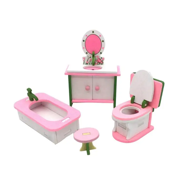 Doll House Furniture Set Miniature Bathroom Kitchen Bedroom Traditional Wooden Family Pretend Play Toys Gift For Girls Children