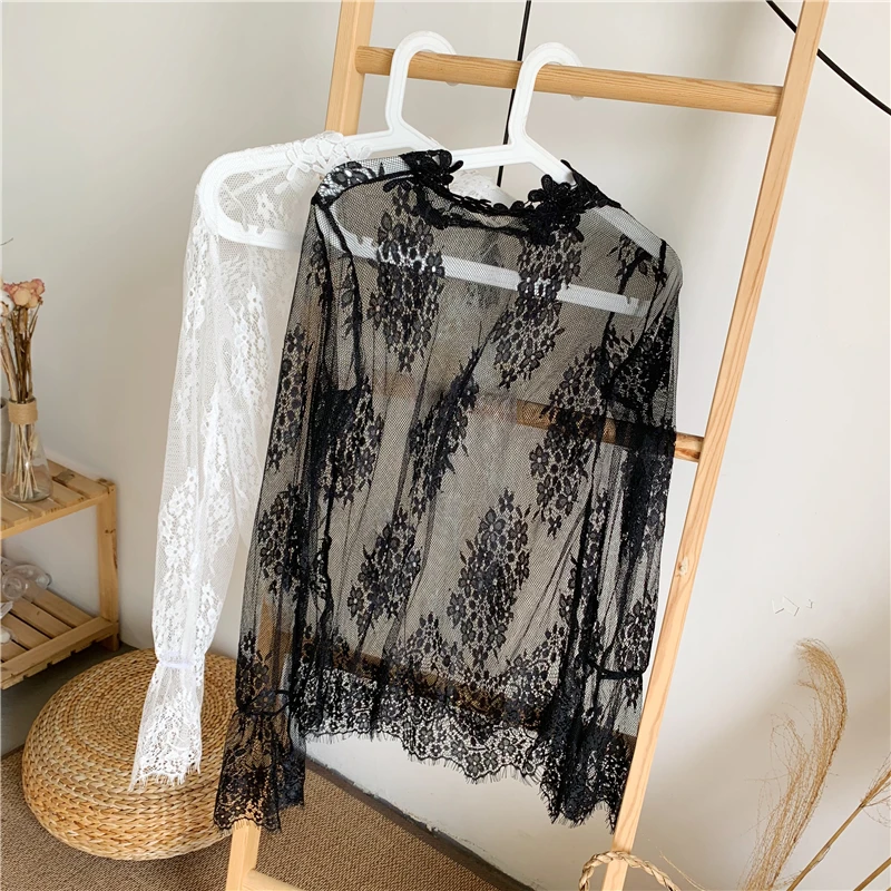 

Women Transparent Lace Tee Shirts Blouses Girls Full Flare Sleeve Hollow Out Tops Shirts Clothing For Ladies