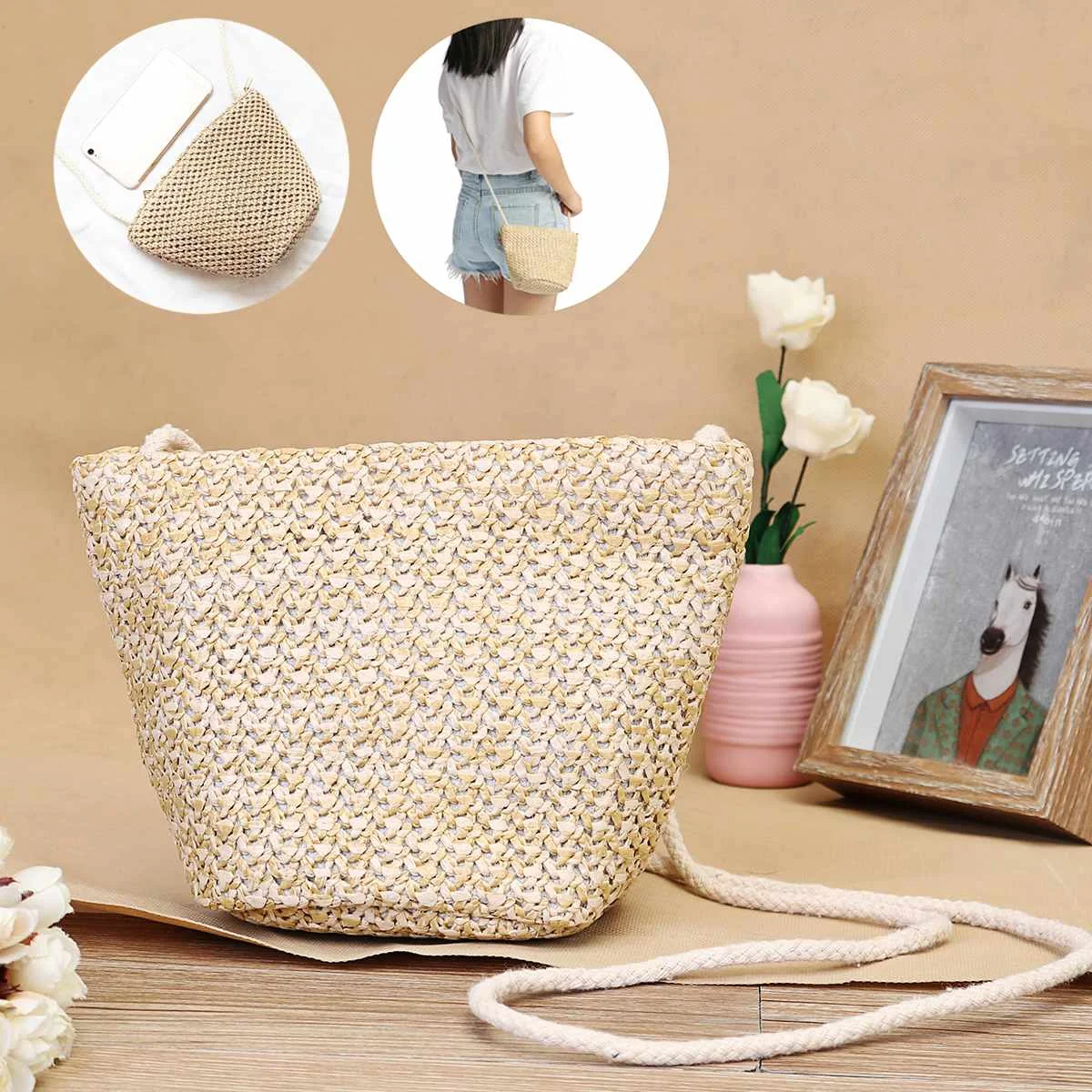 

Women Straw Rattan Small Bag Handbag Crossbody Hand Woven Beach Bohemian Shoulder Bag Ladies Straw Tote Bag