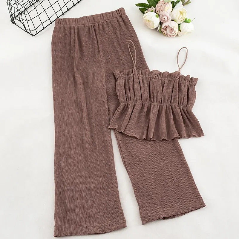 

Women Loose Wide Leg Pants Sets Casual Solid Ruffled Camis Tank Top+ High Waist Pants Suits for Woman Sexy Beach Two Piece Sets