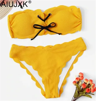 

AIUJXK New 2019 Summer Bandage Bow Yellow 2 Piece Swimsuit Women Lingerie Beach Style Biquini Woman Swimwear Bra Set Sexy Suit