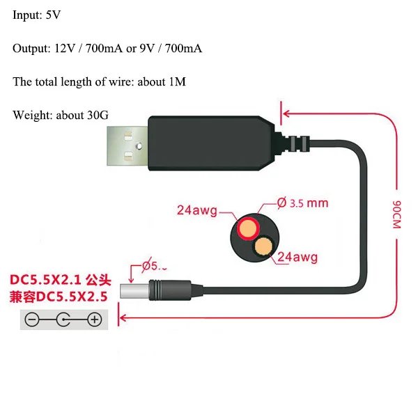 TZT Usb линия повышения мощности Dc 5 В к Dc 9 В/12 В Повышающий Модуль Usb конвертер Кабель-адаптер 2,1x5,5 мм разъем