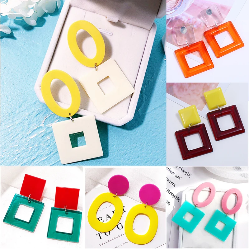 

Contrast color Acrylic Big Long Exquisite Dangle Round 1Pair Geometric Party Drop Earrings Plastic Candy Color Hollow Square