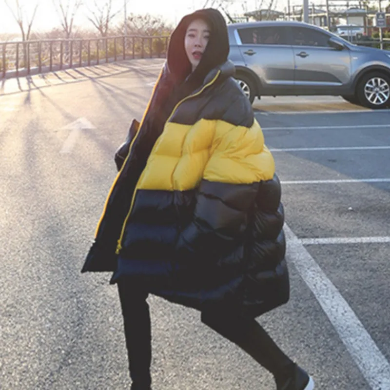 

SHENGPALAE 2019 Winter Jacket Keep Warm Stand Collar Long Sleeve Patchwork Loose Big Size Korean Ladies Coat FF606