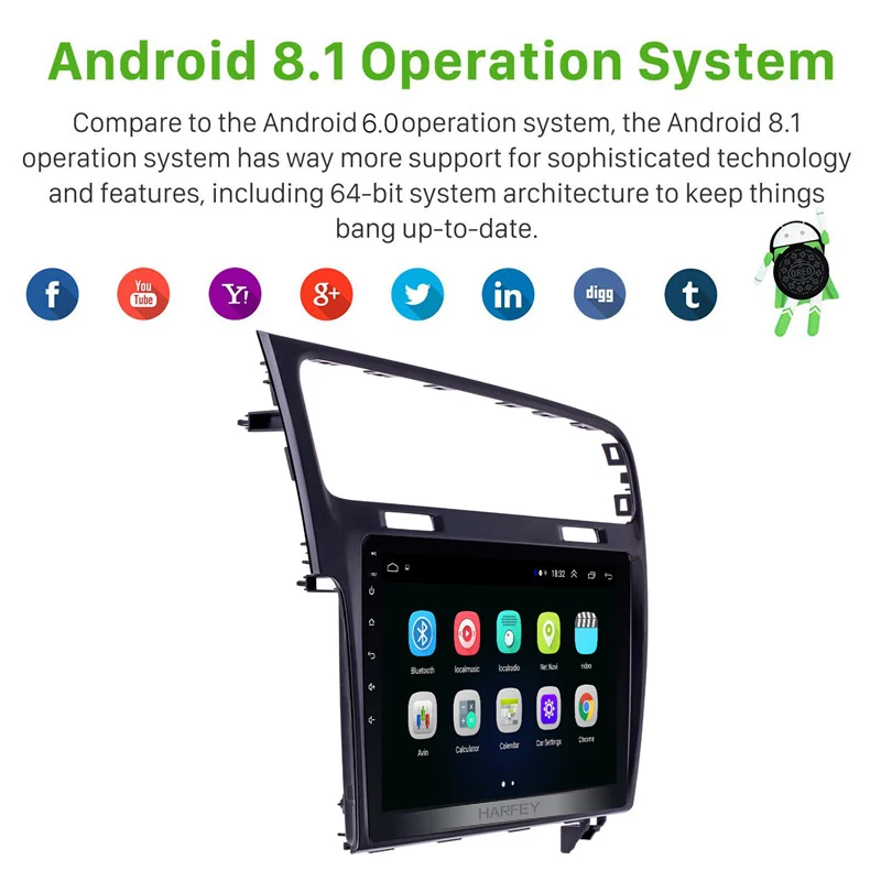 Excellent Harfey 10.1 inch 1024*600 Touch Screen Android 8.1 GPS Radio for 2013-2015 VW Volkswagen Golf 7 Car Multimedia Player with Music 1
