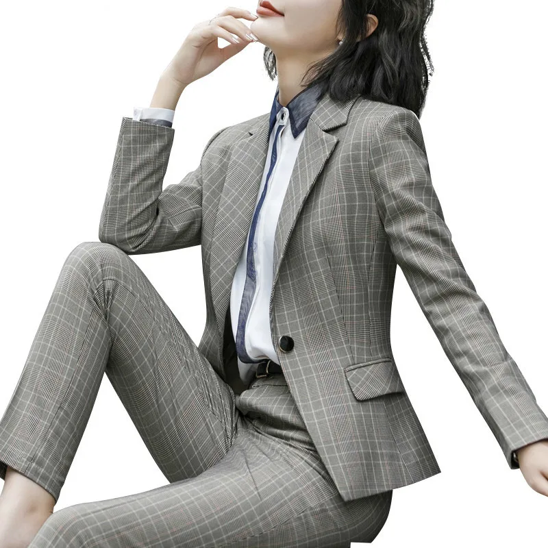 

Women's Fashion Plaid Suits, Long Sleeved Business And Office Ladies Blazer Pants Work Wear Costume Femme Traje Mujer