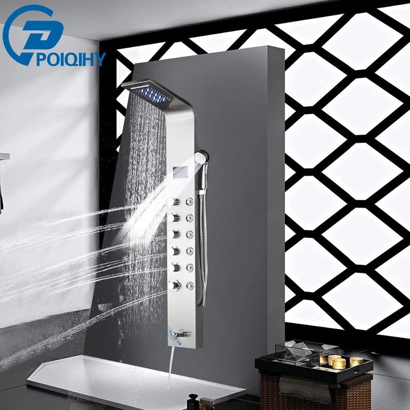 

LED Nickel Brushed Waterfall Shower Panel Wall Mounted Bathroom Shower Faucet Shower Panel Column Hand Sprayer Brushed Nickel