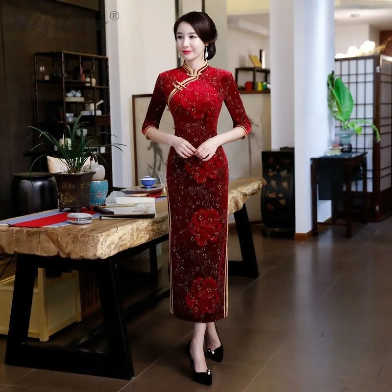 Бархат Cheongsam свекрови Свадьба мама Qipao китайское традиционное платье вечернее платье Китай Qi Pao длинные Платья для вечеринок