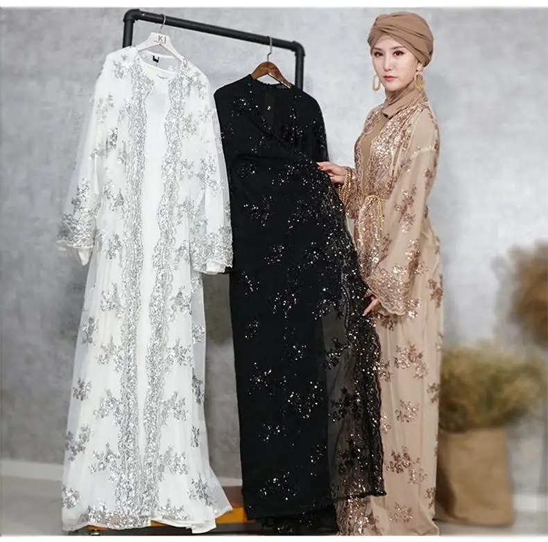 Модный роскошный женский кардиган abaya с блестками, мусульманское длинное платье, блестящее, Дубай, с вышивкой, кружевной кафтан, исламский халат, кимоно, новинка