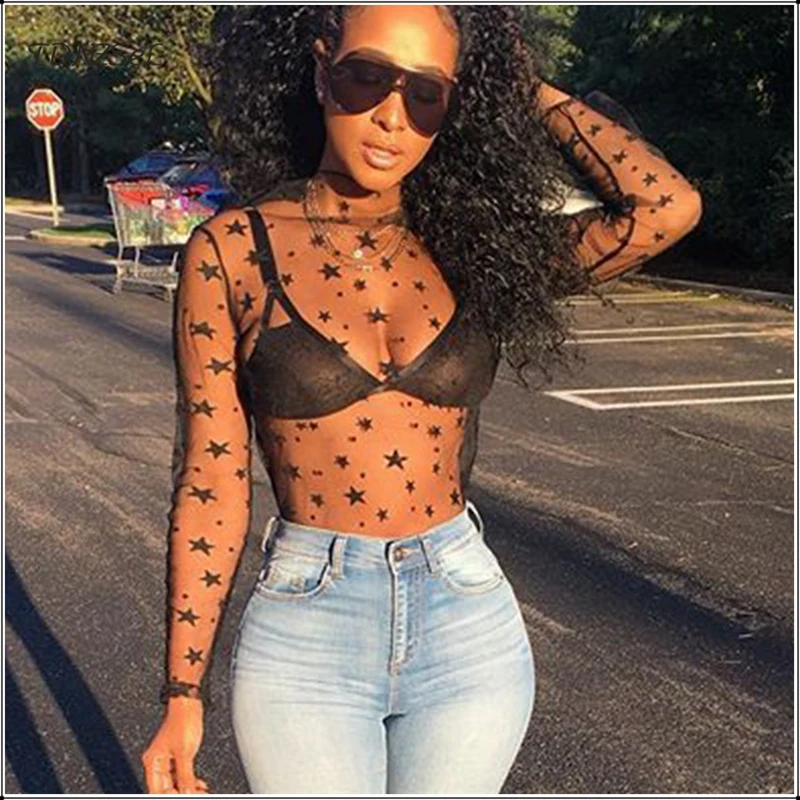 

Women's Sexy Mesh See Through Bottoming Shirt Tops Three Quarter Sleeve Sheer Blouses Star Dot Inside Long Shirt Nightclub Party