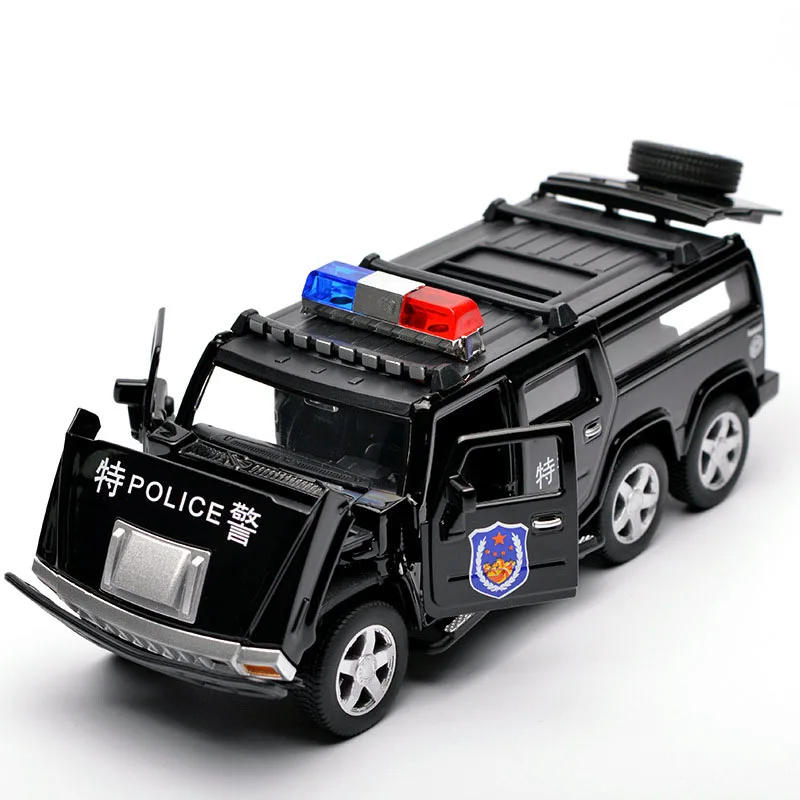 

1:32 Six-wheeled Hummer Alloy Police Off-road Model Toy Cars Sound Light Pull Back Chariot Toys Car for children