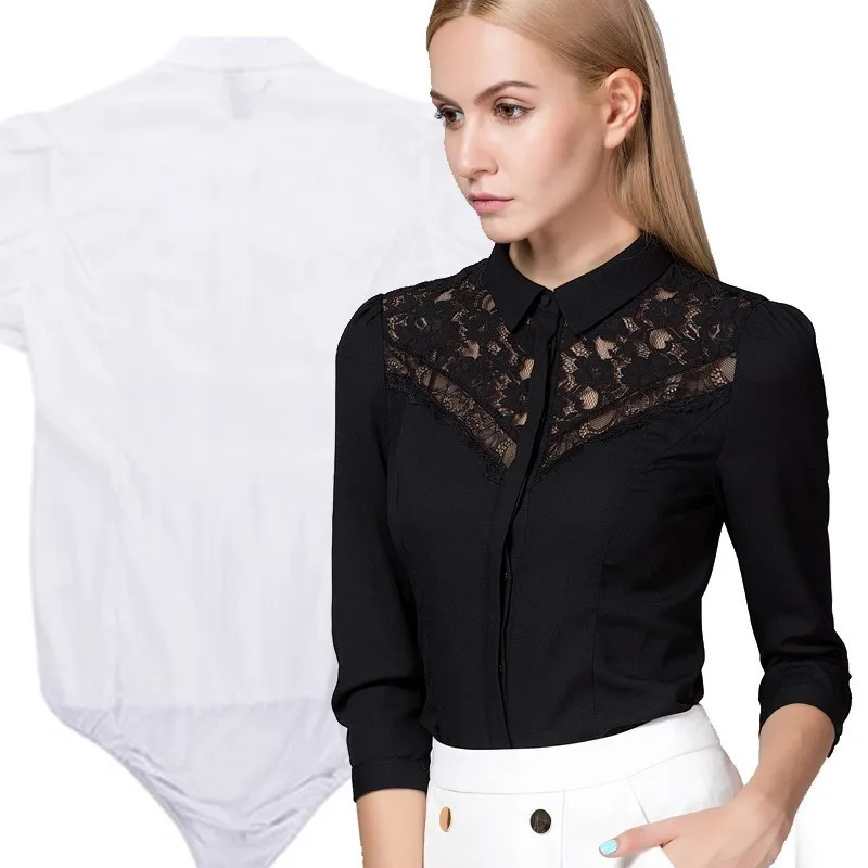 Women's Lace Slim Body Suit Mid Sleeve Chiffon Bodysuit Blouse With