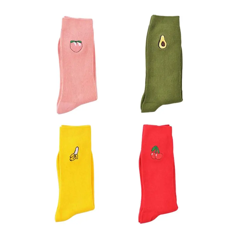 Теплые мягкие хлопковые эластичные высокие трикотажные носки для женщин с мультяшной фруктовой вышивкой