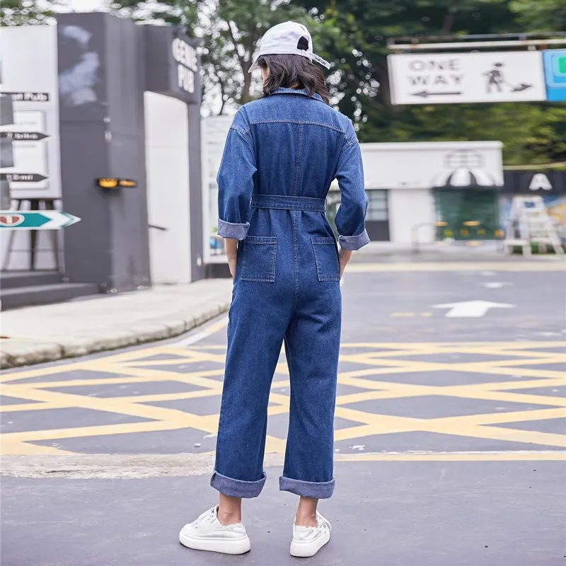 Blue sky With Fashion Autumn Blue Belt Sleeve Overalls Jumpsuits Jeans Long Turn Sashes Women Collar Denim Down wYagZq