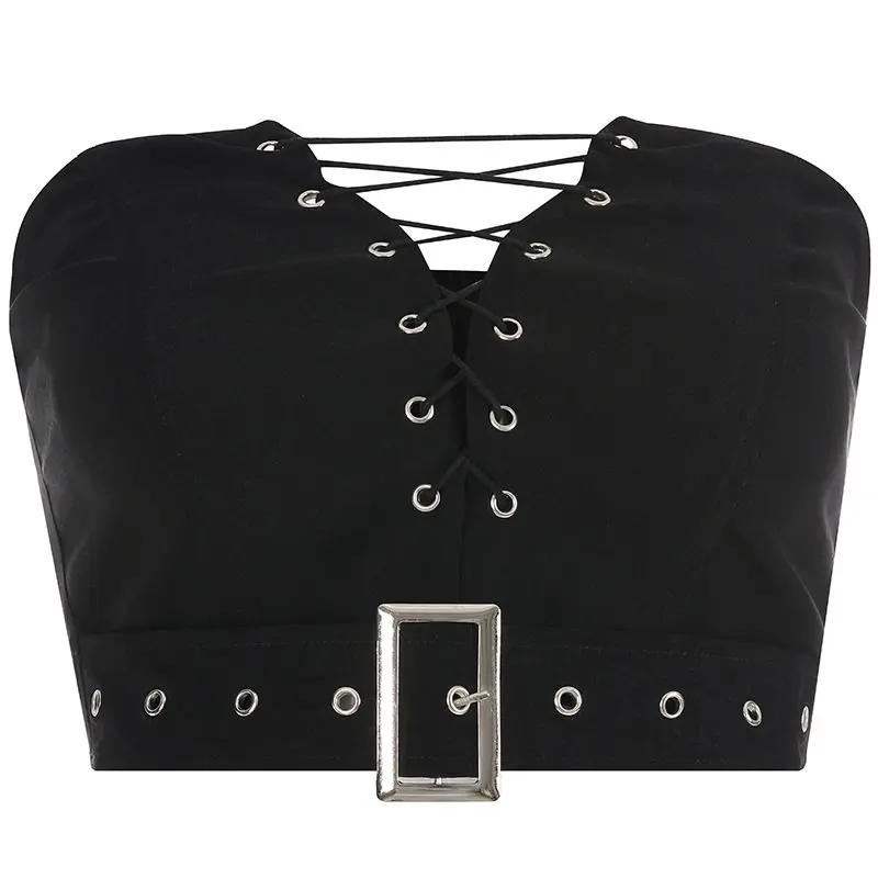 

Women Crop Tops Casual Gothic Streetwear Sexy Club Hip Hop Strapless Off Shoulder Slim Plain Summer 2019 Goth Female Black Top
