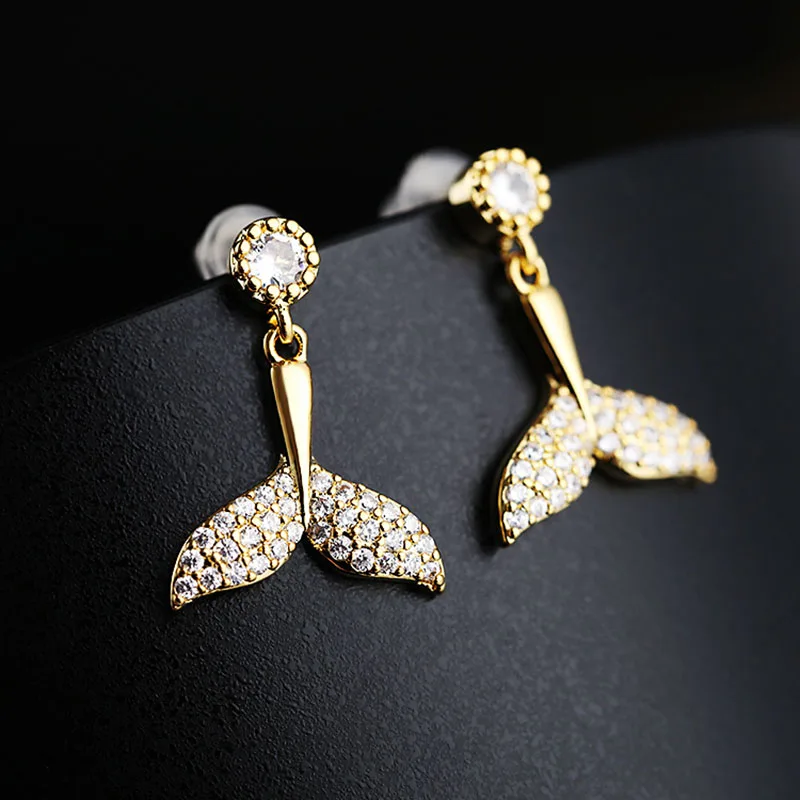 

New fashion gold & silver colour AAA zircon earrings geometric dolphin fishtail stud korean earrings for women jewelry gift