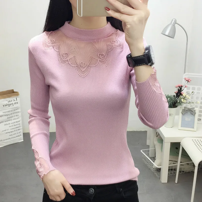 

Autumn Winter Women Lace Pullovers Sweater Knitted Elasticity Casual Jumper Fashion Slim Turtlenec Female Hollow Out Sweaters