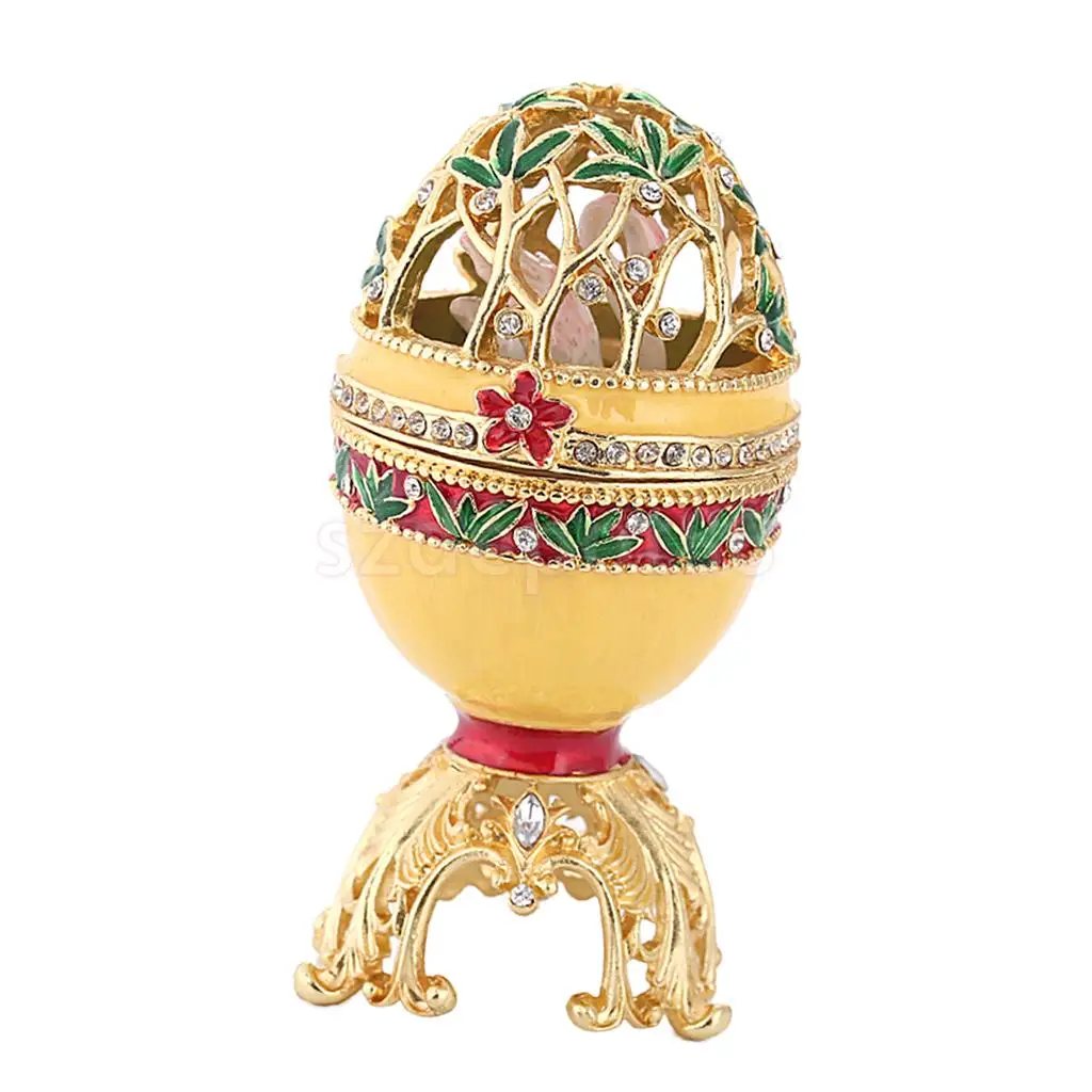 

Vintage Rhinestone Enameled Hollow out Flowers Leaves Gold Egg Design Jewelry Trinket Box Table Dresser Decoration