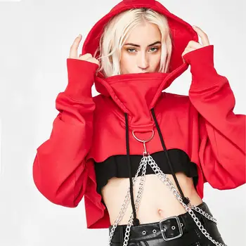 

Women Sexy Long Sleeve Hooded Cut off Front Sweatshirt Pullover Ladies Solid Loose Hoodies Crop Top Jumper