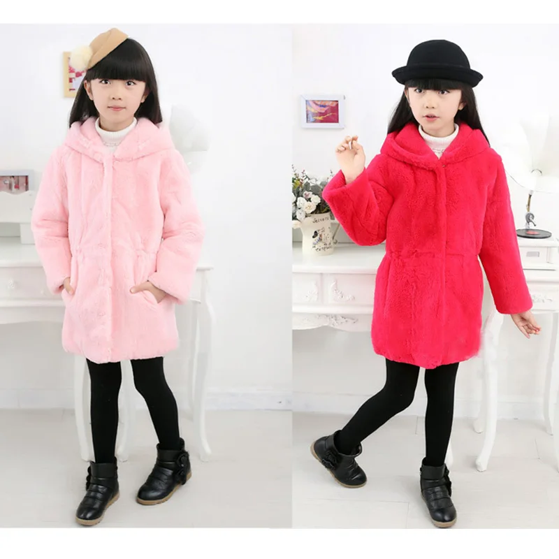 

Children Real Whole Fur Rabbit Long Section Coat Winter Warm Kids Warm Outerwear Coat Fur Thick Hooded Casual Clothing C#18