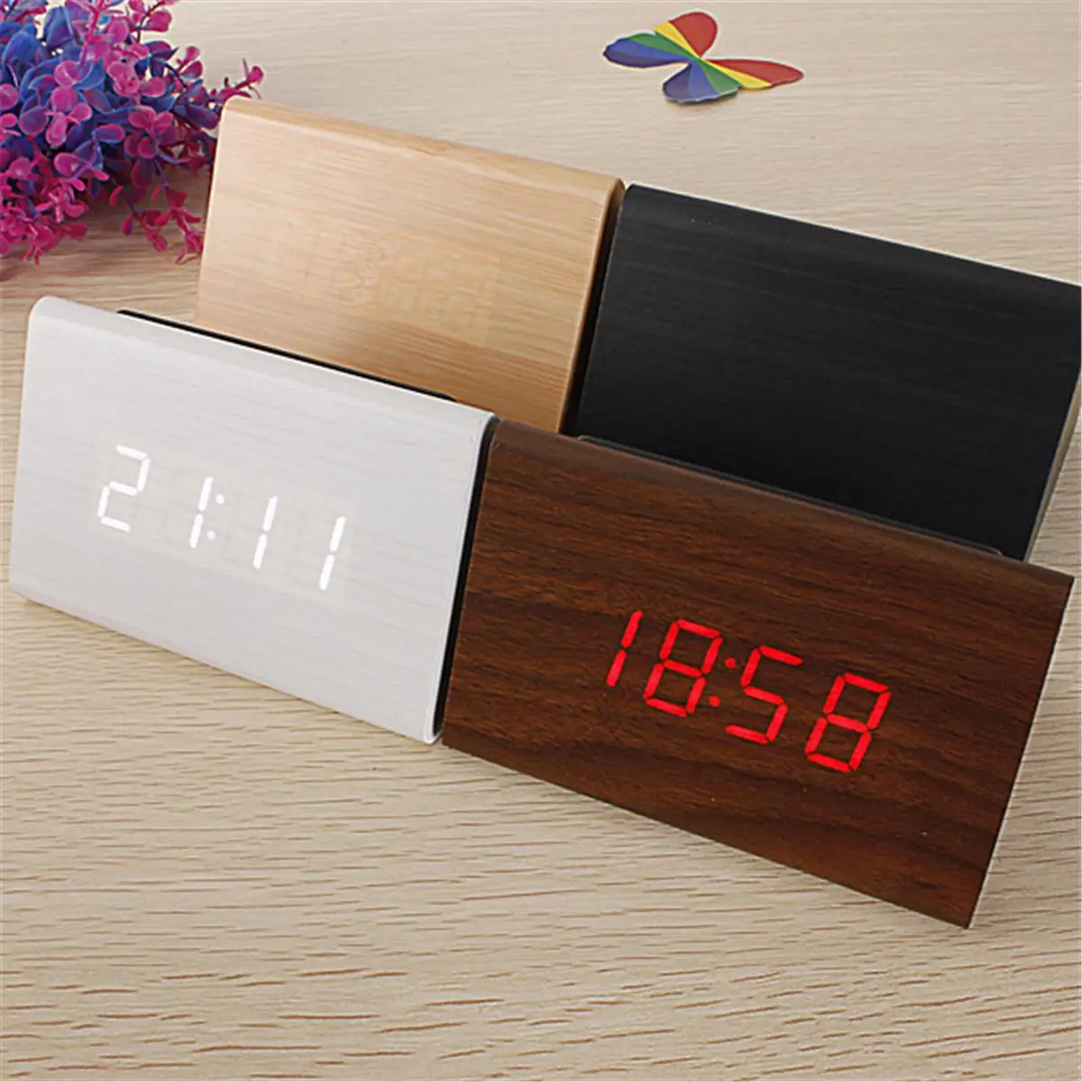 Sound Voice Control Alarm Clock Triangular Wooden LED Digital Thermometer Clock USB Timer Alarm Snooze Clock for Home Bedroom