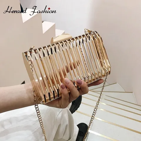 Bolsa de Noite Herald Moda Metal Ombro Luxo Dourado Grade Corrente Mensageiro Bolsa Feminino Diário Crossbody Garras Oco