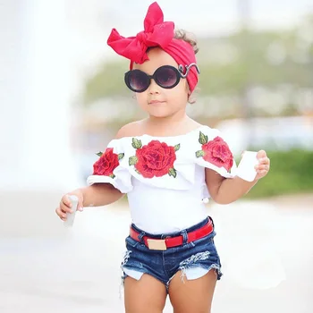 

Explosion Models Baby Clothes Set Children's Clothing 2019 Summer Girls Set Ins Hot Selling Rose off the Shoulder T + Shorts