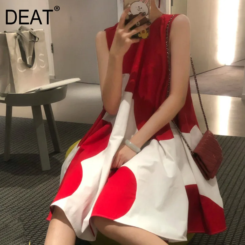 DEAT Новая летняя модная женская одежда Круглый воротник без рукавов Красный в крупный горошек милая девушка платье пуловер WF80303L