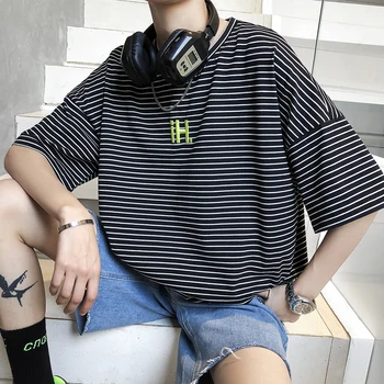 

2019 Spring Summer Men Casual Loose Stripe Letter Embroidered Cotton Tee Round Neck Short Sleeve Solid Color T-shirt Homme M-XL