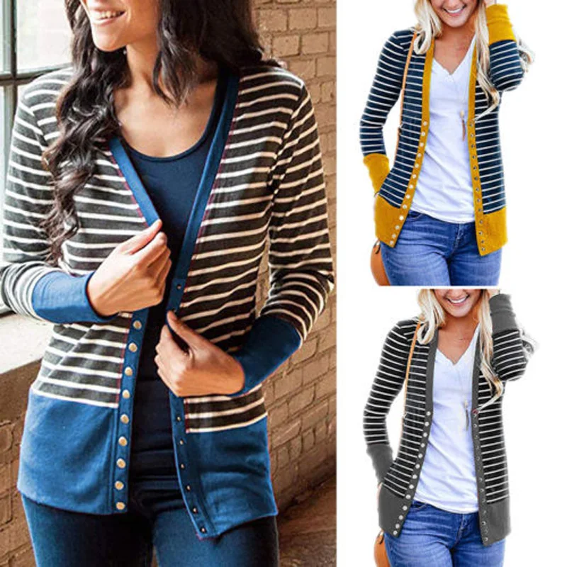 

2018 Brand New Fashion Top Women Knitted Sweater Long Sleeve Cardigan Knitwear Jumper Outwear Coat Casual Strip Sweaters