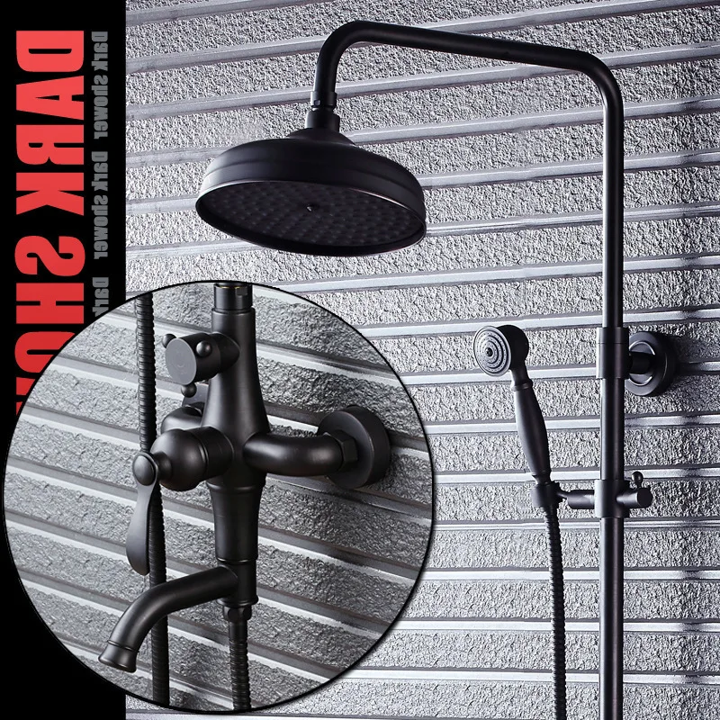 

Bathroom Black Oil Paint Solid Brass Bathtub Shower Set Wall Mounted 8" Rainfall Shower Mixer Tap Faucet 3-functions Mixer Valve