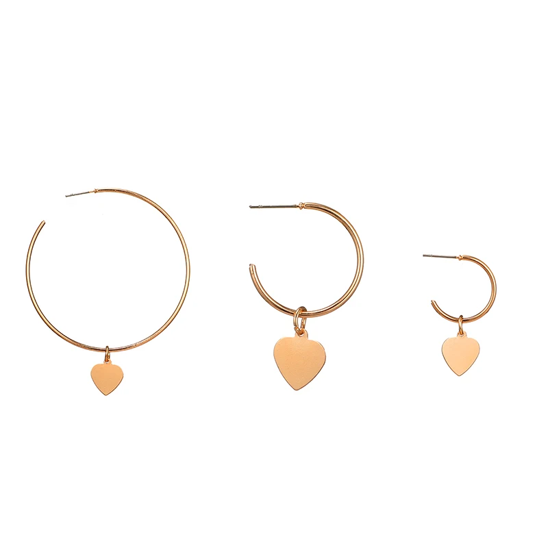 

3 Pieces / Set Of Punk Heart Big Circle Gold Earrings Set Women'S Fashion Party Wedding Jewelry Accessories