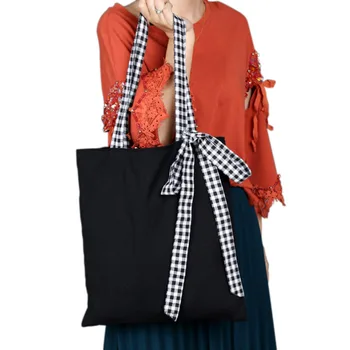

Lady bow canvas bag black shoulder bag portable plaid canvas bag shopping bag