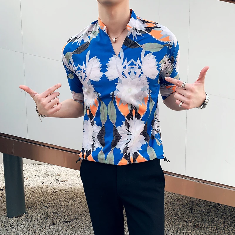 

Summer Hawaii Shirt Male Short Sleeve Fashion Men's Shirt Stand Collar Casual Shirt Pullover Slim Leisure Social Tops Camisa