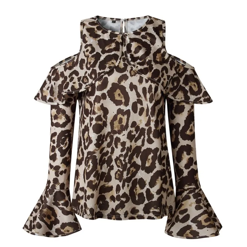 New Women Leopard Print Sexy T-Shirts Off-shoulder O-Neck Ruffles Tees Autumn Winter Flare Sleeve Slim Tops