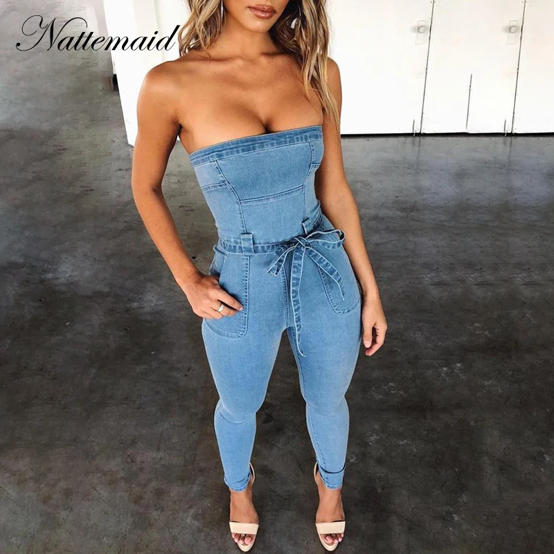 

NATTEMAID Sashes Pockets Strapless Sexy Rompers Womens Jumpsuit Off Shoulder Casual Bodycon Jumpsuit Summer Zip Denim Jumpsuit