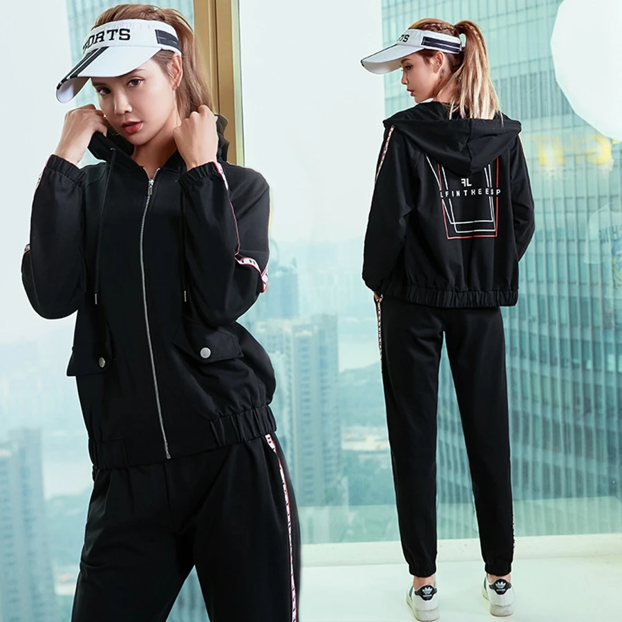 

BESGO Drawstring Side Letter Print Women Yoga Suit Zip Up Hooded Jacket Pocket Dry Fit Breathable Fitness Gym Loose Sportswear