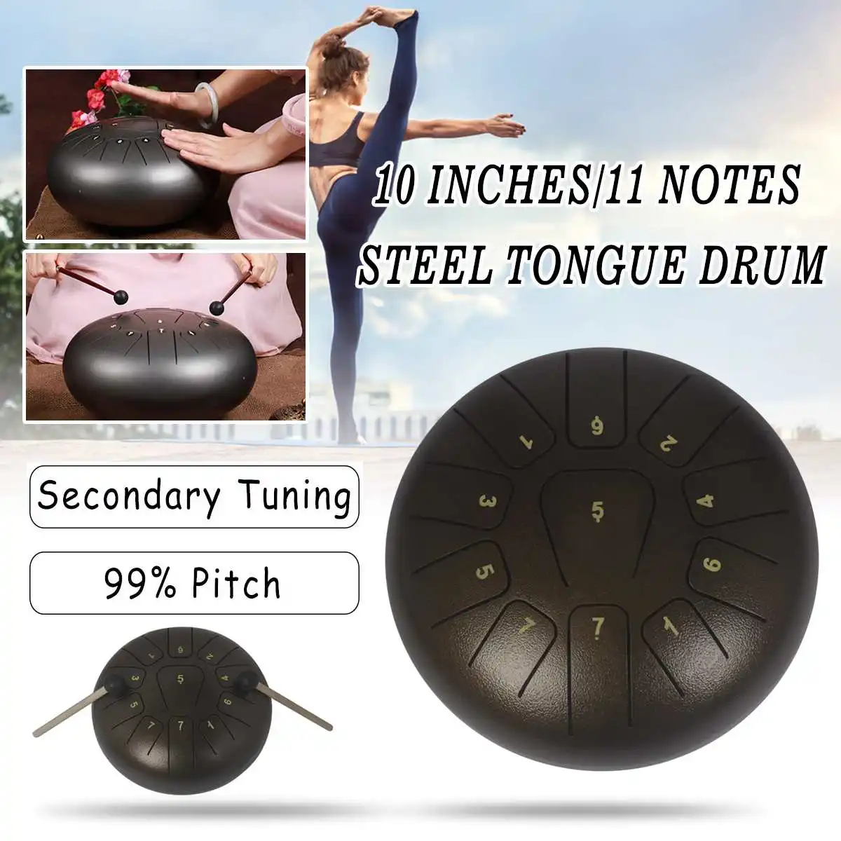 

10'' Steel Tongue Drum Handpan Drum D Major 11 Notes Hand Tank Drum With Mallets Storage Bag Instrument Gift 25x25x14cm