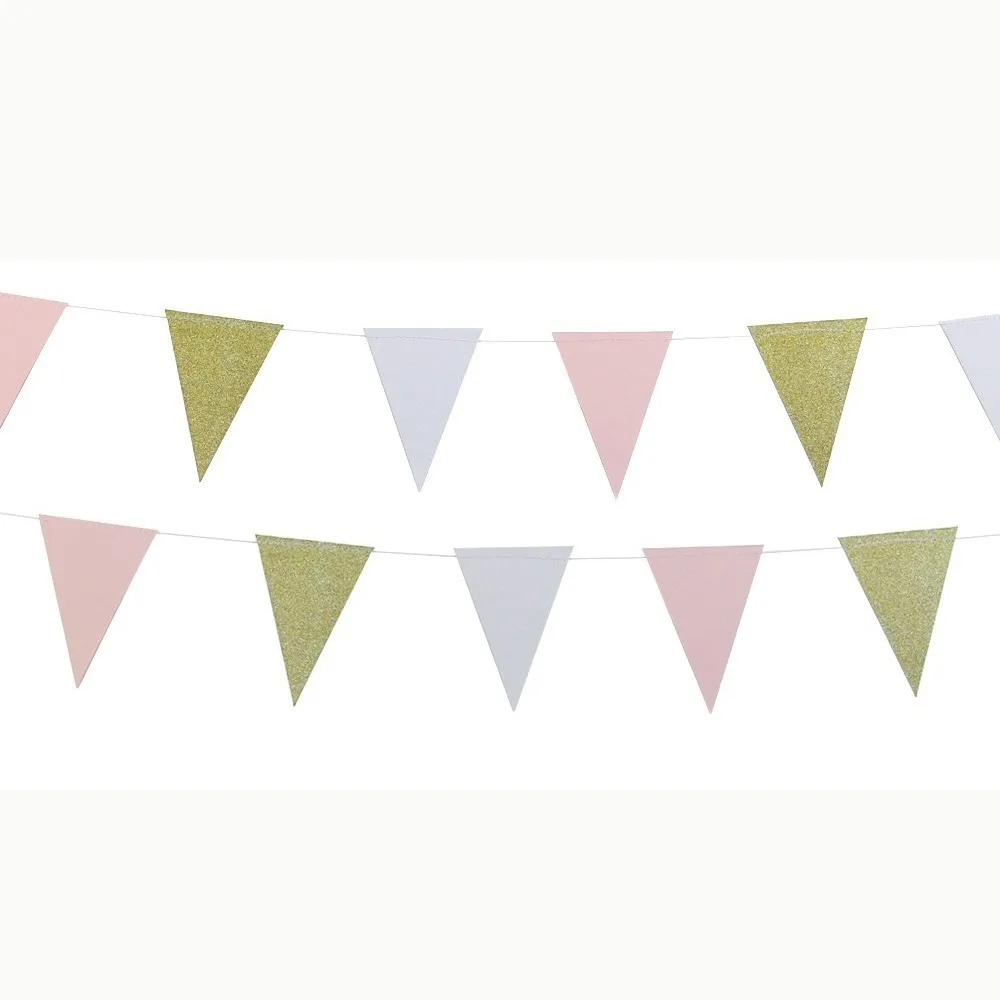 

10ft Gold Pink and White Banner Bunting Pennant Garland for Wedding Baby Shower Bridal Shower First Birthday Party Decor