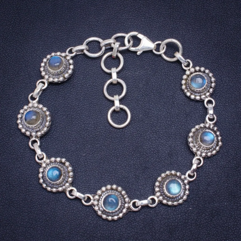 

Natural Blue Fire Labradorite Handmade Unique 925 Sterling Silver Bracelet 6.25-7.75" A2989