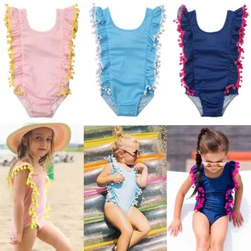 Summer Kid Girl Tassel Swimwear Swimming Costume Ruffles Solid Color ...